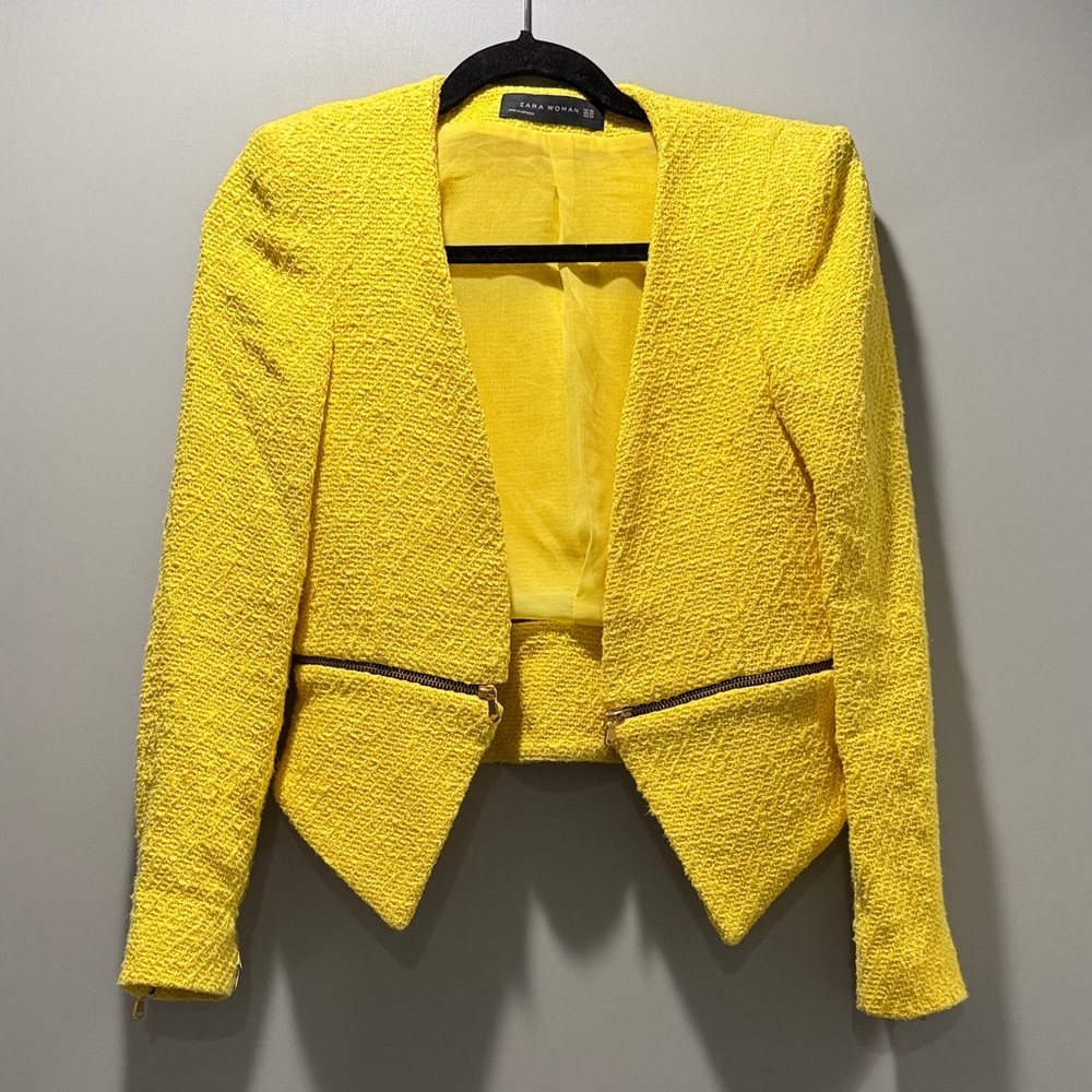 Zara Yellow Textured tweed Blazer jacket zipper size xs